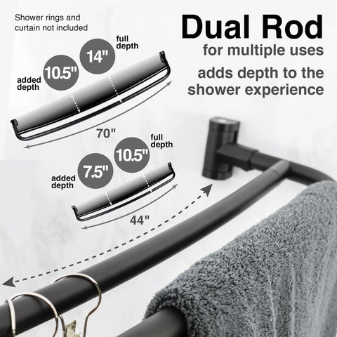Dual curved shower rod showing adjustable lengths of 44 to 70 inches, sleek black finish, heavy duty aluminum construction.