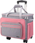 Foldable Deluxe Rolling Sewing Machine Case With Wheels For Most Machines, Portable Trolley System, Pink And Grey