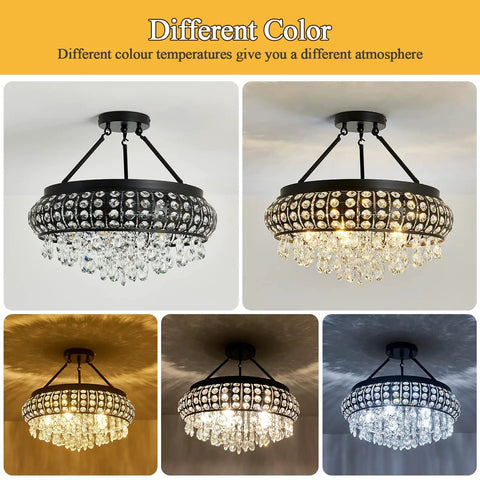 5 Light Black Crystal Round Chandelier Chic Modern Semi Flush Mount Ceiling Light Fixture in various color temperatures