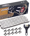 MRE 420 motorcycle drive chain, 132 links, silver steel, with chain breaker tool and spare links