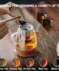 Glass Electric Kettle With Removable Stainless Steel Infuser 1 Liter Dual Purpose For Tea Coffee And Hot Water Auto Shut Off Boil Dry Protection BPA Free Easy Pour Design in use with tea