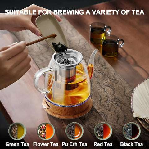 Glass Electric Kettle With Removable Stainless Steel Infuser 1 Liter Dual Purpose For Tea Coffee And Hot Water Auto Shut Off Boil Dry Protection BPA Free Easy Pour Design in use with tea