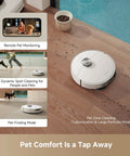 L40s Ultra AE Robot Vacuum And Mop With 19,000Pa Suction cleaning wood floor, pet monitoring features displayed alongside.