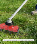 Four Tooth Rotary Cultivator Tool with Weeding Wheel Attachment in grass field