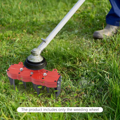 Four Tooth Rotary Cultivator Tool with Weeding Wheel Attachment in grass field