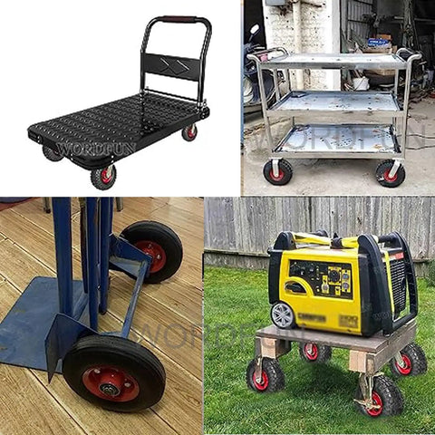 Built Different Heavy Duty Swivel Trolley Casters With Steel Plates And Flat Free Rubber Wheels 900 Lb Load Rating Locking Brakes on various carts.