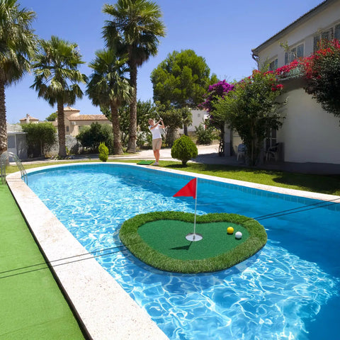 Floating Golf Green 35x28 For Pool And Lake Realistic Putting Green Mat with balls in backyard pool setting