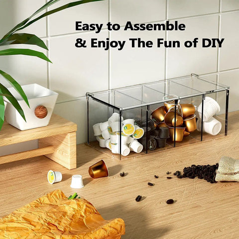 Clear Acrylic 4 Compartment Coffee Capsule Holder With Lid K Cup Organizer displaying assorted coffee pods on kitchen counter