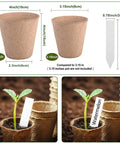 4 Inch Biodegradable Peat Pots Set Of 50 With Bonus 20 Plant Labels For Garden Germination Seed Starting Indoor Outdoor Nursery Pots Eco Friendly Plant Starter Kit with size measurements and seedlings shown.