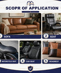 Applications of Self Adhesive Leather Repair Patch Tape Kit on sofa, office chair, motorcycle seat, car seat, and headrest.