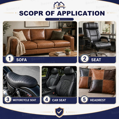 Applications of Self Adhesive Leather Repair Patch Tape Kit on sofa, office chair, motorcycle seat, car seat, and headrest.