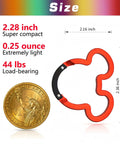 Cute Minnie Mouse Ears Aluminum Carabiner Clips 3 Inch Set With Spring Loaded Gate Lightweight Keychain Hooks next to coin for scale