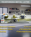 TechTONGDA metal lathe front view, 8x31-inch bench lathe with electronic leadscrew in workshop