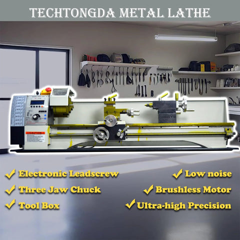 TechTONGDA metal lathe front view, 8x31-inch bench lathe with electronic leadscrew in workshop