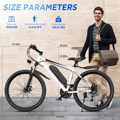 Man standing with Powerful 1000W Peak Electric Mountain Bike For Adults With 26-Inch Wheels next to size parameters chart