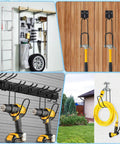 Wall Mounted Garden Hose Holder 304 Stainless Steel Rust Proof Heavy Duty Hose Hanger Keeps Up To 50 Ft Of Garden Hose Off The Ground Ideal For Expandable Hoses And Outdoor Watering Storage installed on wall with coiled yellow hose.