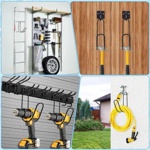 Wall Mounted Garden Hose Holder 304 Stainless Steel Rust Proof Heavy Duty Hose Hanger Keeps Up To 50 Ft Of Garden Hose Off The Ground Ideal For Expandable Hoses And Outdoor Watering Storage installed on wall with coiled yellow hose.