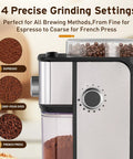 Ollygrin Flat Burr Coffee Grinder With Adjustable Grind Settings For Espresso French Press Capsule showcasing 14 precise grind settings.