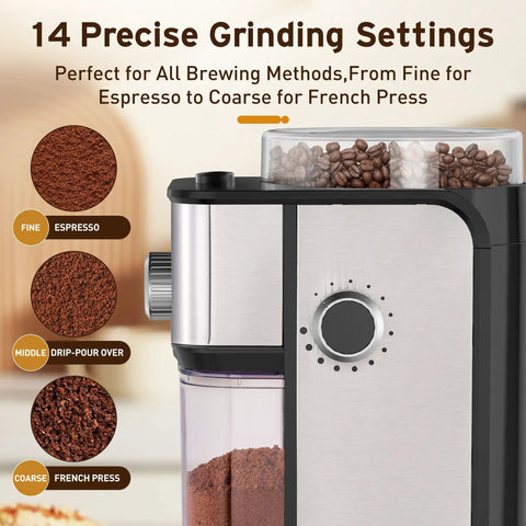 Ollygrin Flat Burr Coffee Grinder With Adjustable Grind Settings For Espresso French Press Capsule showcasing 14 precise grind settings.