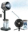 FlexBreeze Pro Mist Fan Indoor Outdoor Chill Machine shown as pedestal and tabletop, with misting feature, charcoal grey