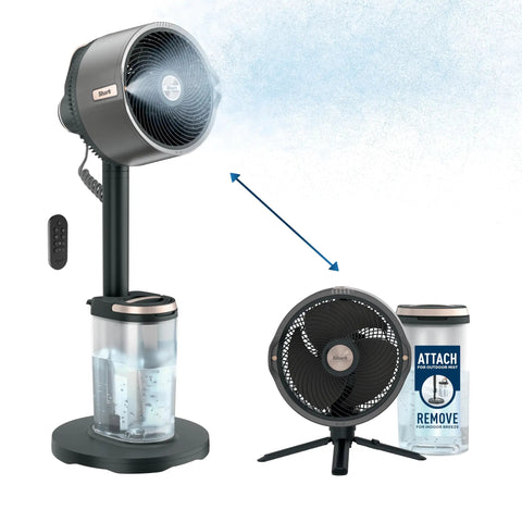 FlexBreeze Pro Mist Fan Indoor Outdoor Chill Machine shown as pedestal and tabletop, with misting feature, charcoal grey