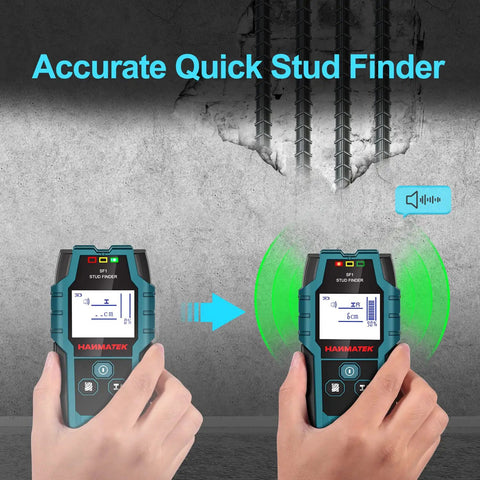 Hands using Pro 5 In 1 Stud Finder Wall Scanner With Smart Sensor Audio Alarm And HD LCD Display for accurate detection