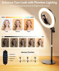 10.5 Inch Ring Light Desk Kit with Magnetic Phone Holder showing light settings: cold, natural, warm; includes remote control