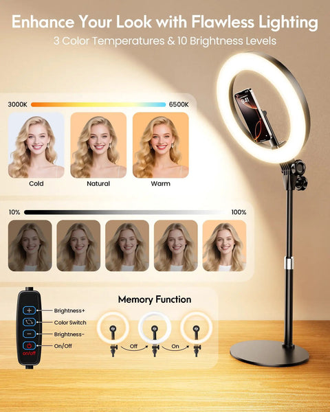10.5 Inch Ring Light Desk Kit with Magnetic Phone Holder showing light settings: cold, natural, warm; includes remote control