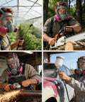 Full Face Respirator With Filters For Sanding, Painting, Spraying And Welding Reusable Gas Mask worn in different work settings