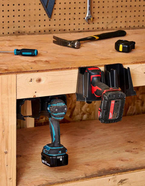 Universal Drill Holder And Power Tool Organizer Wall Mount Rack For Cordless Drills And Drivers displayed on wooden shelf