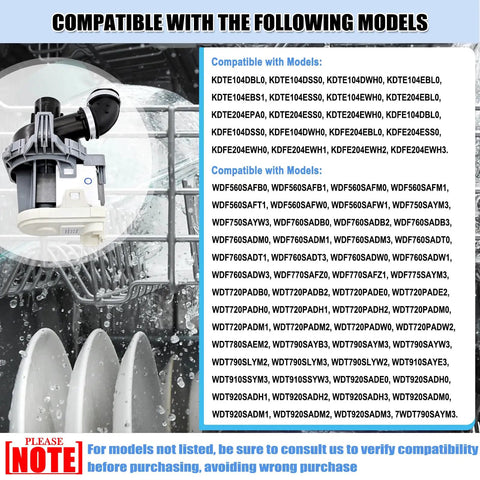 Dishwasher Circulation Pump Motor Assembly Replacement Parts Fits W10529163 W10885542 W10864037 W10816492 With Plug And Play Install And Reliable Performance For Most Models. Compatible model list graphic with dishwasher pump motor