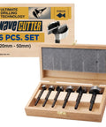 Premium Wave Cutter Forstner Drill Bit Set Includes Six Piece Heavy Duty Top Shelf Woodworking Kit Spanning Twenty To Fifty Millimeters heat treated steel in wooden box.