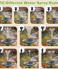 Image displaying 10 different water spray styles from 3.5W Solar Fountain Pump With Built In 1500mAh Battery, Bird Bath Fountain With 6 Nozzles.