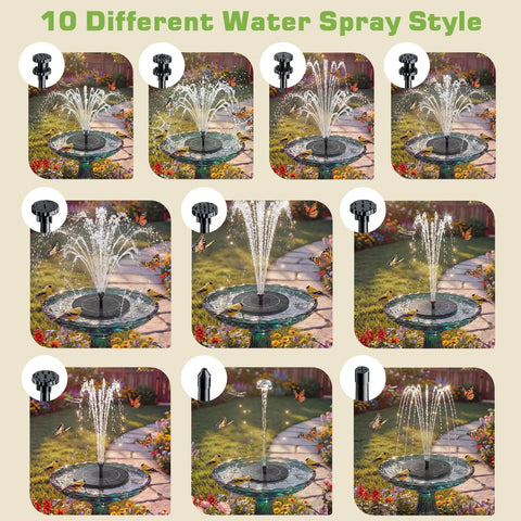 Image displaying 10 different water spray styles from 3.5W Solar Fountain Pump With Built In 1500mAh Battery, Bird Bath Fountain With 6 Nozzles.
