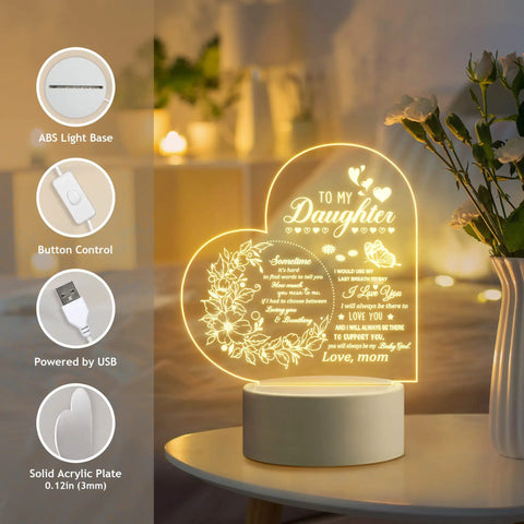 From Niece Or Nephew Night Light Gift For Aunt With Heartfelt Sayings USB Powered Cozy Glow That Speaks From The Heart For Her Birthday Valentines Day Thanksgiving Gift. USB powered acrylic night light with engraved heartfelt message, glowing warmly on a table.
