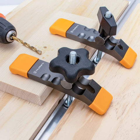 Heavy Duty T Track Hold Down Clamps Set No Fuss Quick Change Design For Woodworking, attached to wooden board with drill