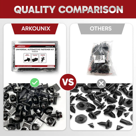 Comparison of 35 Piece Universal Engine Under Cover Splash Shield Hardware Kit with U nuts and generic clips
