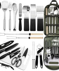 Heavy Duty 27 Piece Camping Cookware Kit With Stainless Steel Grilling Utensils For Travel Picnics RVs BBQs Parties And More
