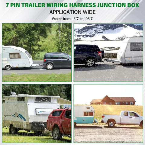 Heavy Duty Six Foot Seven Pin Trailer Wiring Harness With Seven Way Junction Box And Pure Copper Cord shown in real-world towing applications.