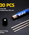 20 Pcs BCuP5 Silver Brazing Rods 0.050 by One Eighth by 14 Inch 15 Percent Silver Solder Phos Copper Brazing Alloys Flat Welding Rods For Air Conditioning Refrigeration HVAC Cold Storage For Pros displayed with tube case and cap.