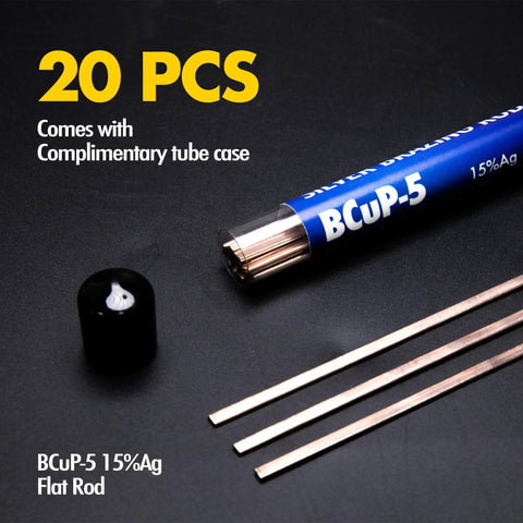 20 Pcs BCuP5 Silver Brazing Rods 0.050 by One Eighth by 14 Inch 15 Percent Silver Solder Phos Copper Brazing Alloys Flat Welding Rods For Air Conditioning Refrigeration HVAC Cold Storage For Pros displayed with tube case and cap.