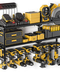 Power Tool Organizer Wall Mount With Charging Station, 7 Slot Drill Hanger, Battery Holder And 4 Outlet Power Strip, Heavy Duty Garage Storage Rack For Cordless Tools, 3 Layer Large Capacity loaded with yellow and black power tools and accessories.