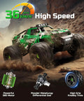 One Eighteen Scale All Terrain 4x4 RC Monster Truck Cranks 36 KPH With Serious Off Road Power, dark green racing on rocky terrain