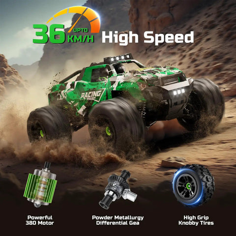 One Eighteen Scale All Terrain 4x4 RC Monster Truck Cranks 36 KPH With Serious Off Road Power, dark green racing on rocky terrain