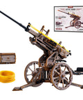 Anti-Aircraft Gun 3D Wood Puzzle For Adults And Teens, shown with components and box, mechanical rubber band shooting model kit.