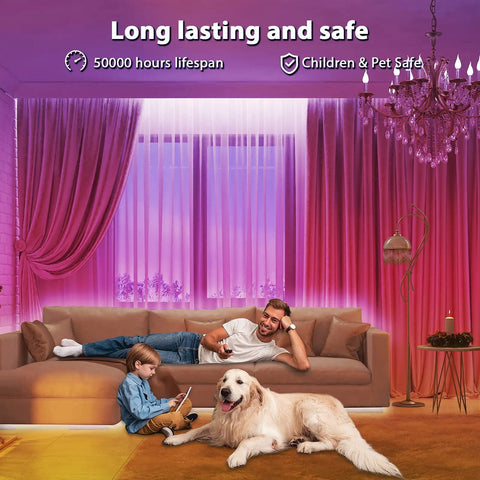 Living room with ambient lighting from 50Feet USB RGB LED Strips With Music Sync Bluetooth IR Remote Smart App, family relaxing on sofa
