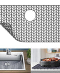 Heat Resistant Silicone Sink Protector Mat For Stainless Steel Sinks 28.4 By 15.2 Inches, grey, showing rear drain and food safety use.
