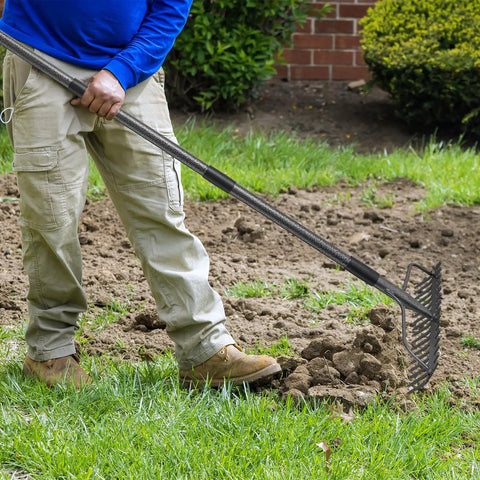 Gardener using 63 Inch Bow Rake With 17 Steel Tines And Stainless Handle, Heavy Duty Garden Rake Built Tough For Loosening Soil