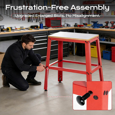 Man assembling Beefy Heavy Duty Tool Stand for Planer, Drill Press, Saws and Grinders, 700 Lb Capacity, 30 Inch Work Height