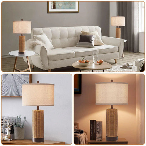 Rattan Table Lamps Set Of 2 For Bedroom With 3 Way Dimmable Touch Control Rustic Natural Wicker Nightstand Lamps With USB Ports
